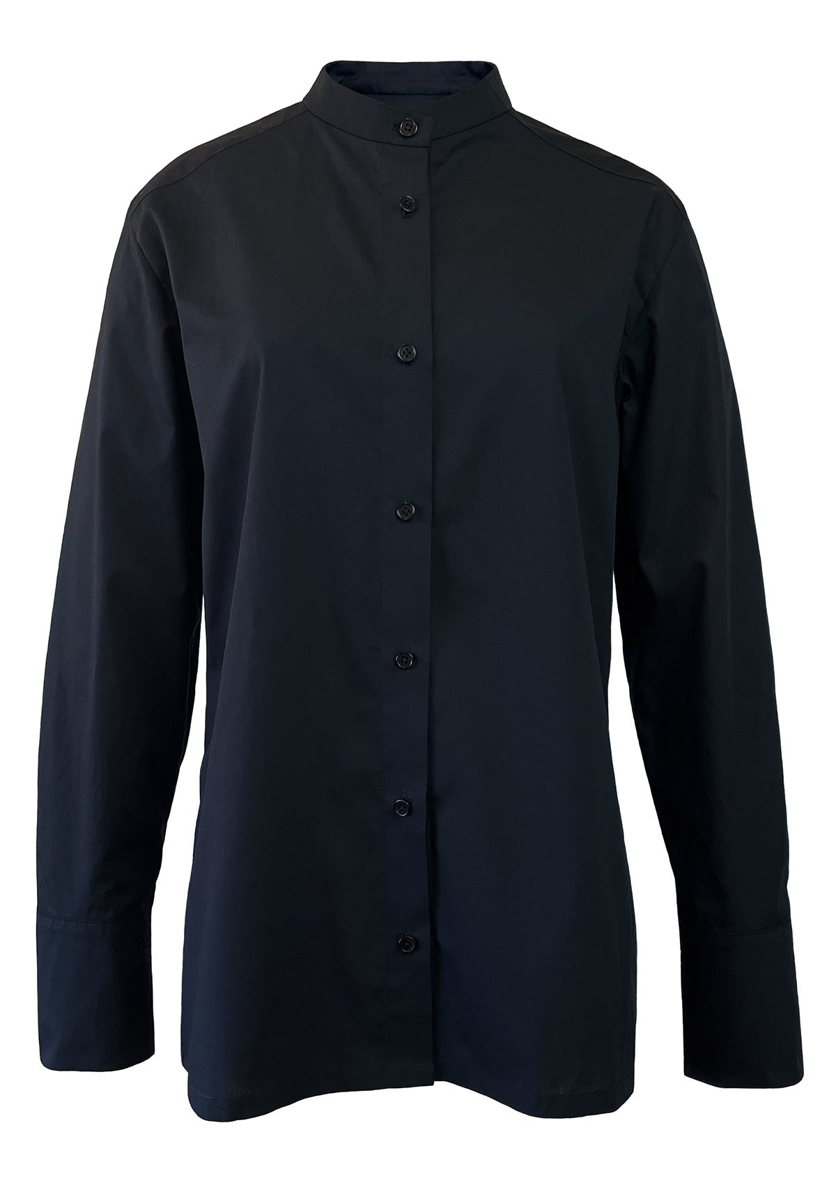 Slim black cotton women's shirt by Leophil with banded collar