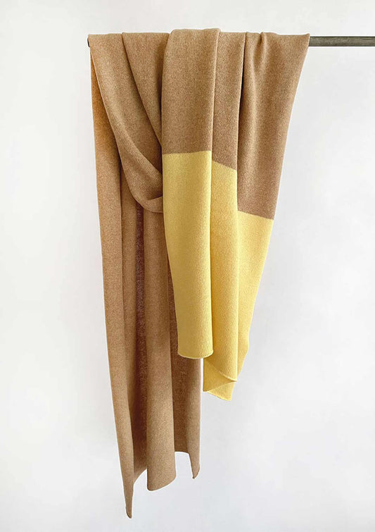 Women's fine knitted wide cashmere, yak and wool scarf in beige camel with a yellow stripe