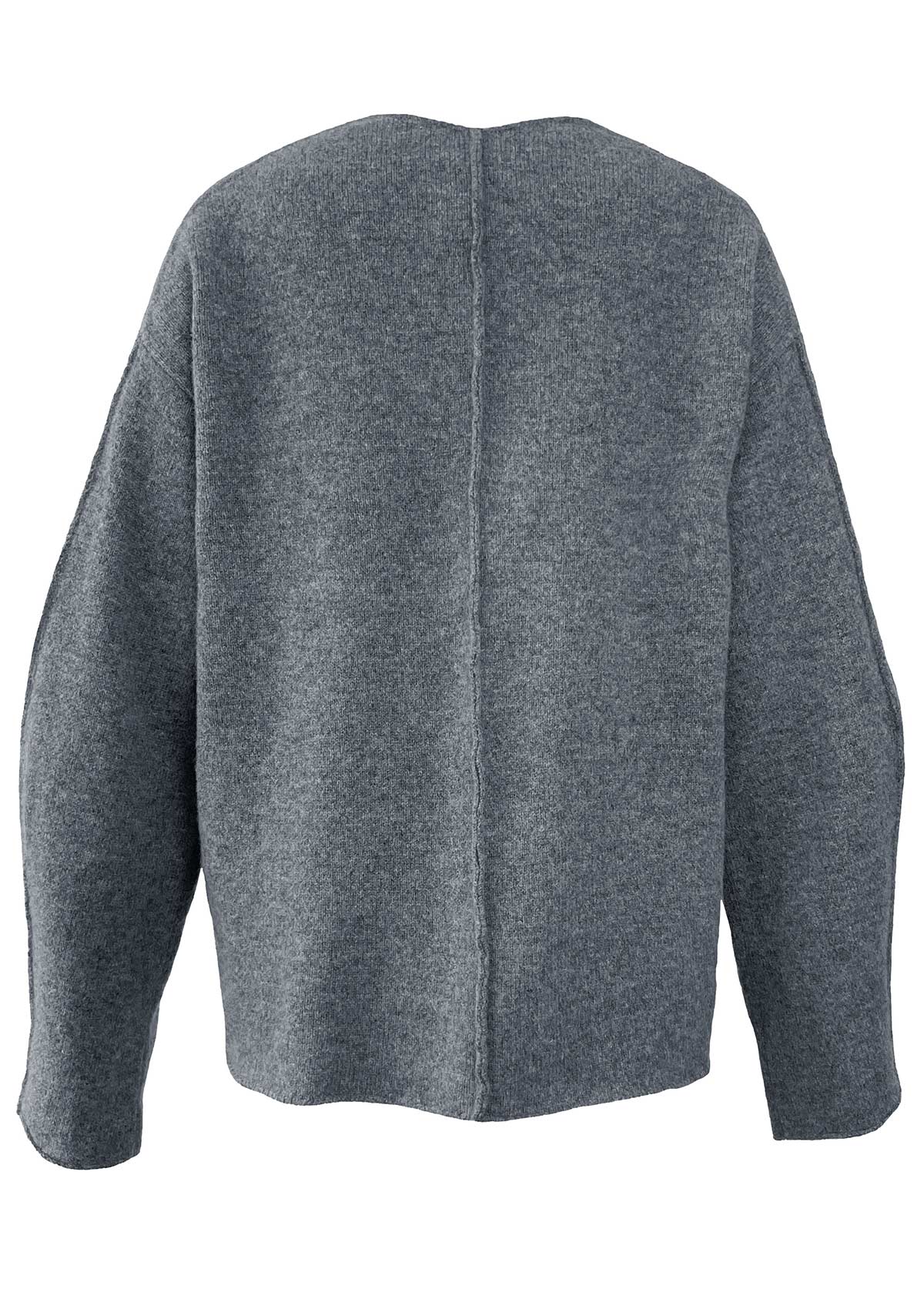 Back view of Leophil's fine merino wool knit sweater with raw hems, coat sleeves and visible seams