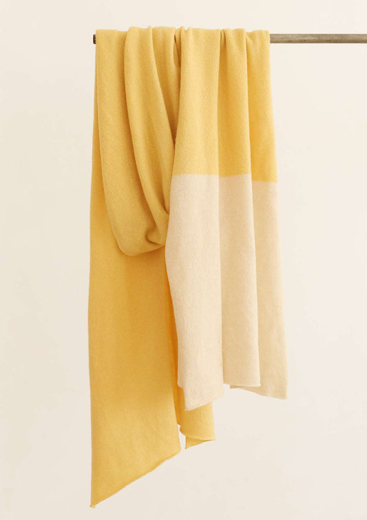 Women's fine knit wide cashmere, yak and wool scarf in yellow with a cream white stripe