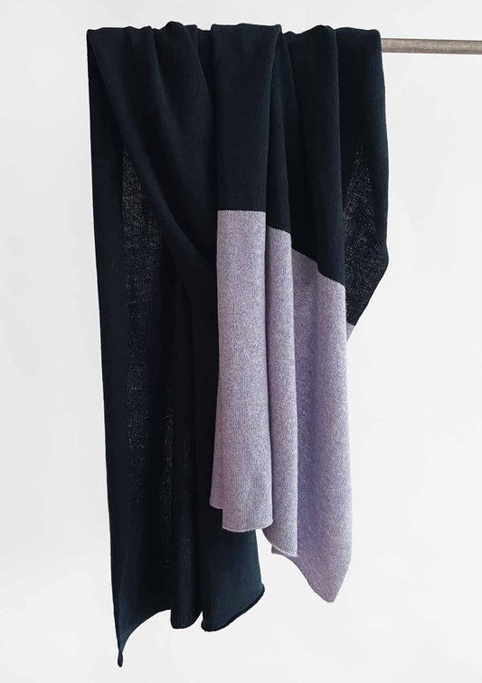 Fine knit wide cashmere blend scarf by Leophil in navy and lilac