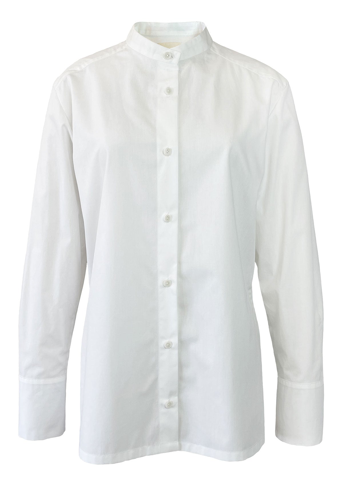 Slim white cotton women's shirt by Leophil with banded collar